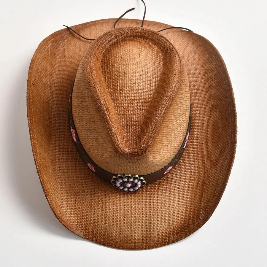 100% Straw Embroidery Western Cowboy Vintage Cowgirl Hat