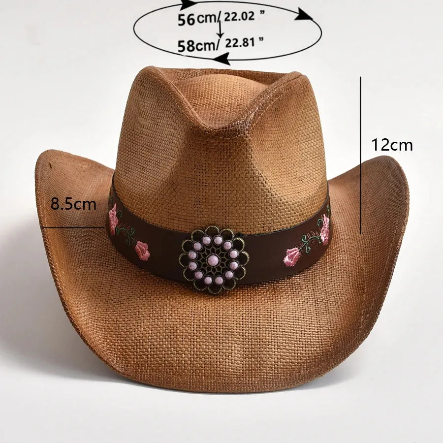100% Straw Embroidery Western Cowboy Vintage Cowgirl Hat