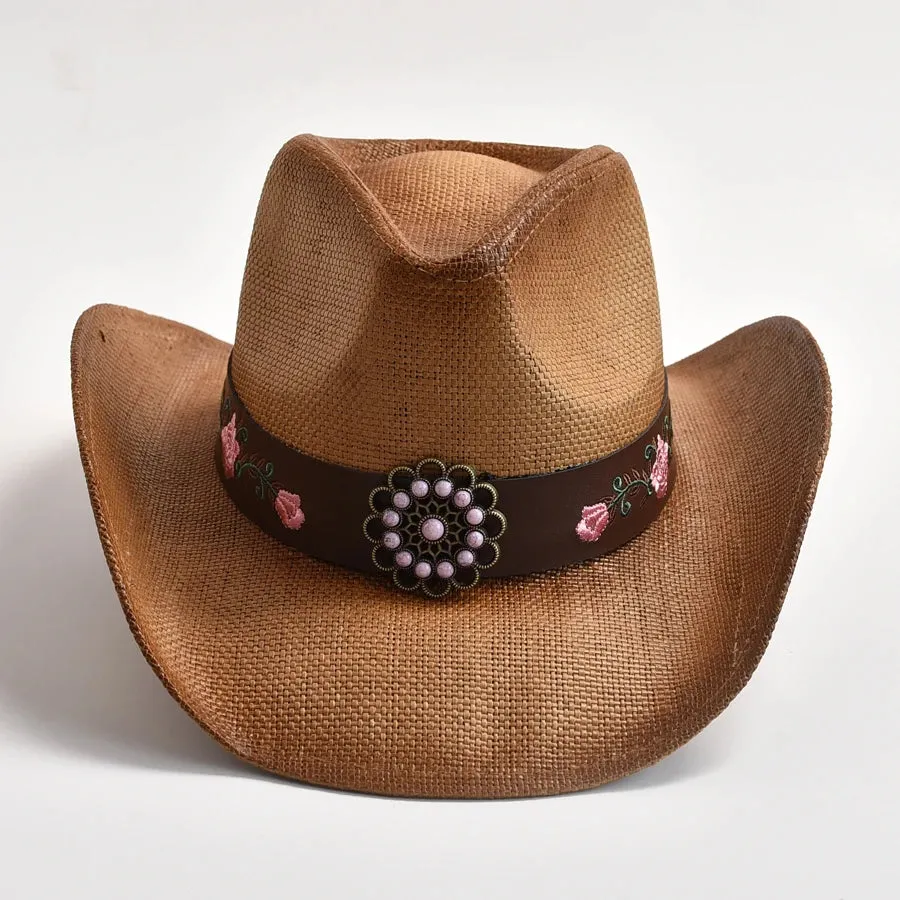 100% Straw Embroidery Western Cowboy Vintage Cowgirl Hat