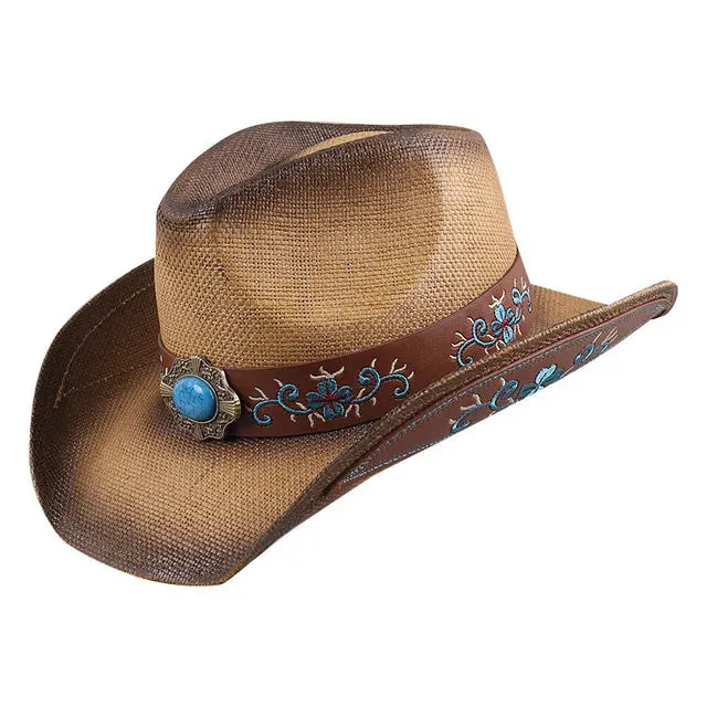 100% Straw Embroidery Western Cowboy Vintage Cowgirl Hat