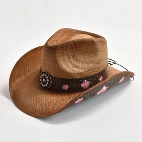 100% Straw Embroidery Western Cowboy Vintage Cowgirl Hat