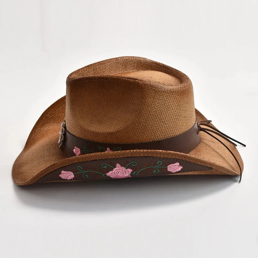 100% Straw Embroidery Western Cowboy Vintage Cowgirl Hat
