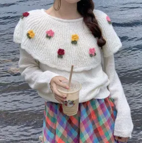 Autumn 3D Flower Cottagcore Vintage Embroidery Knit White Pink Sweater
