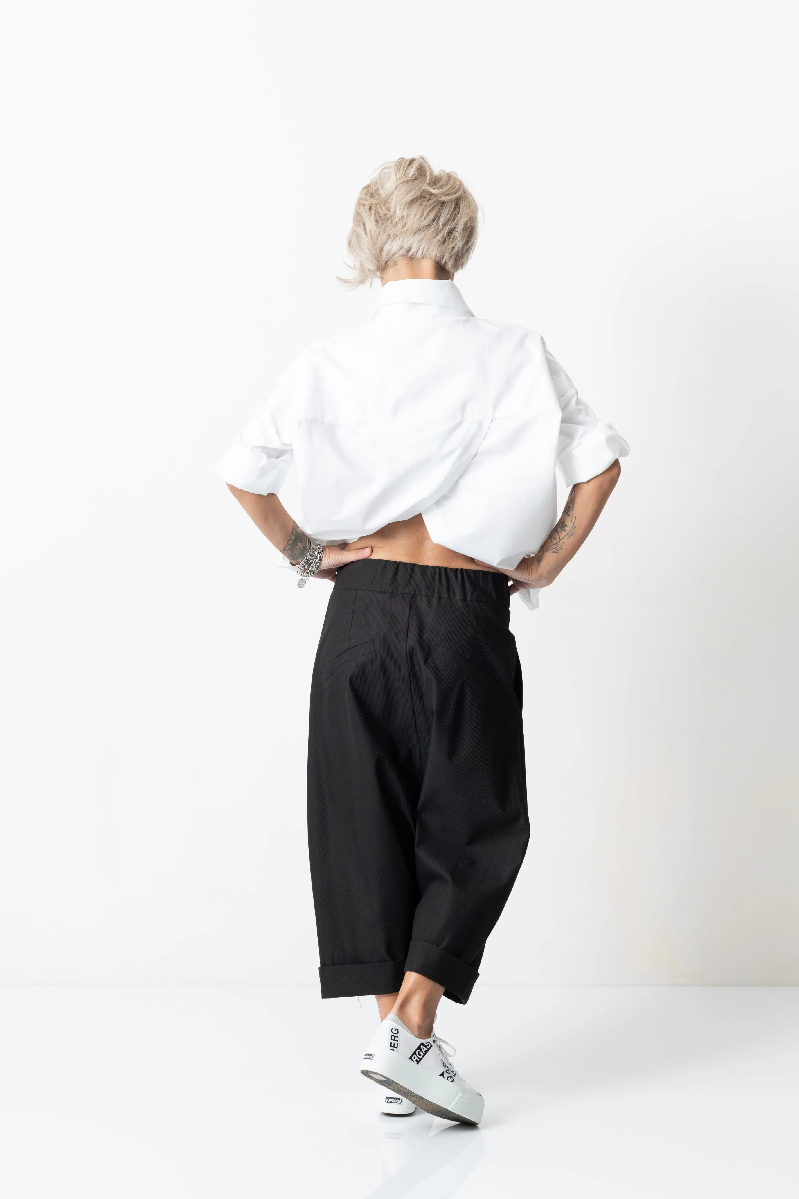 Black Drop Crotch Trousers with Pockets