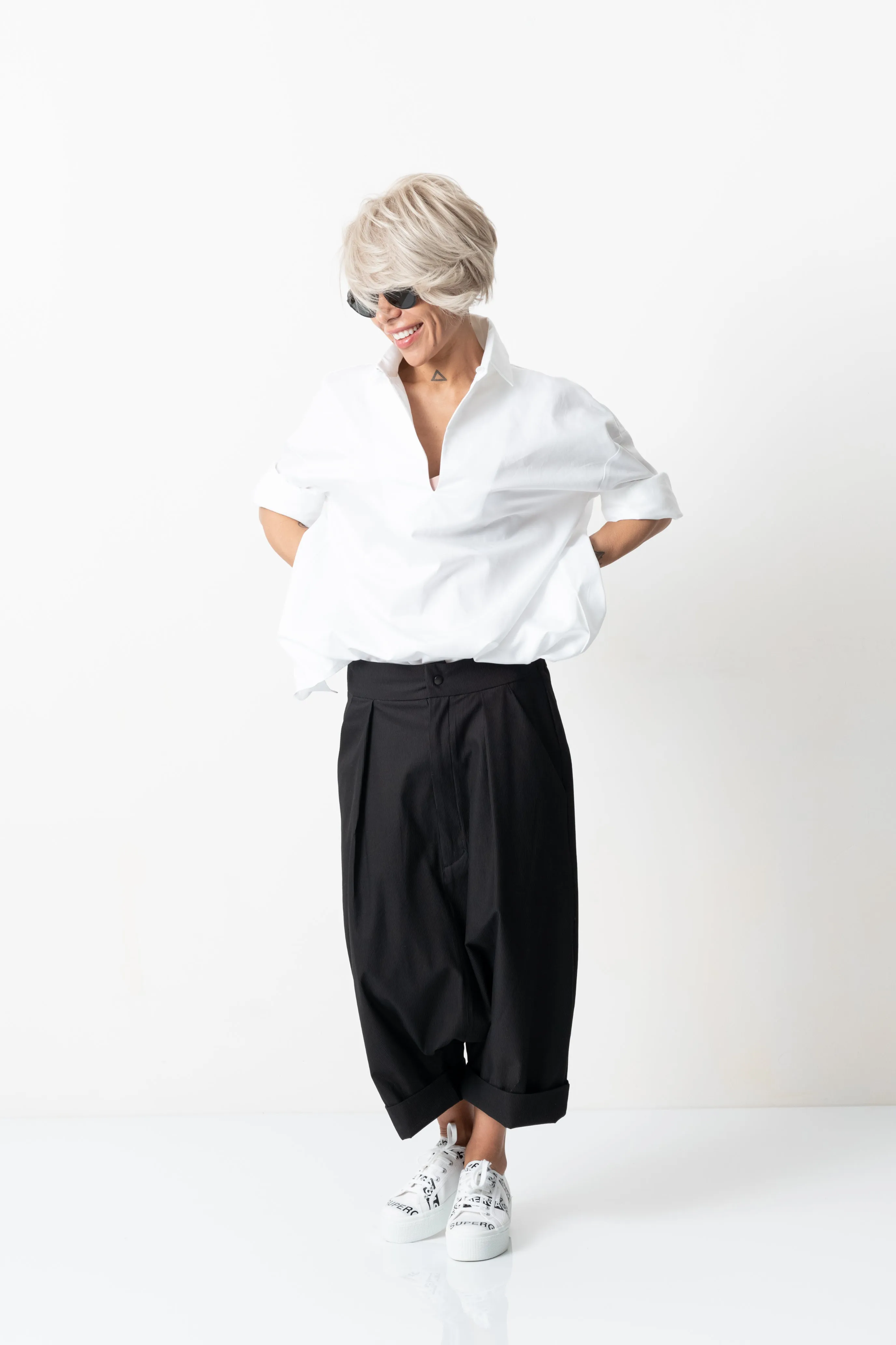 Black Drop Crotch Trousers with Pockets