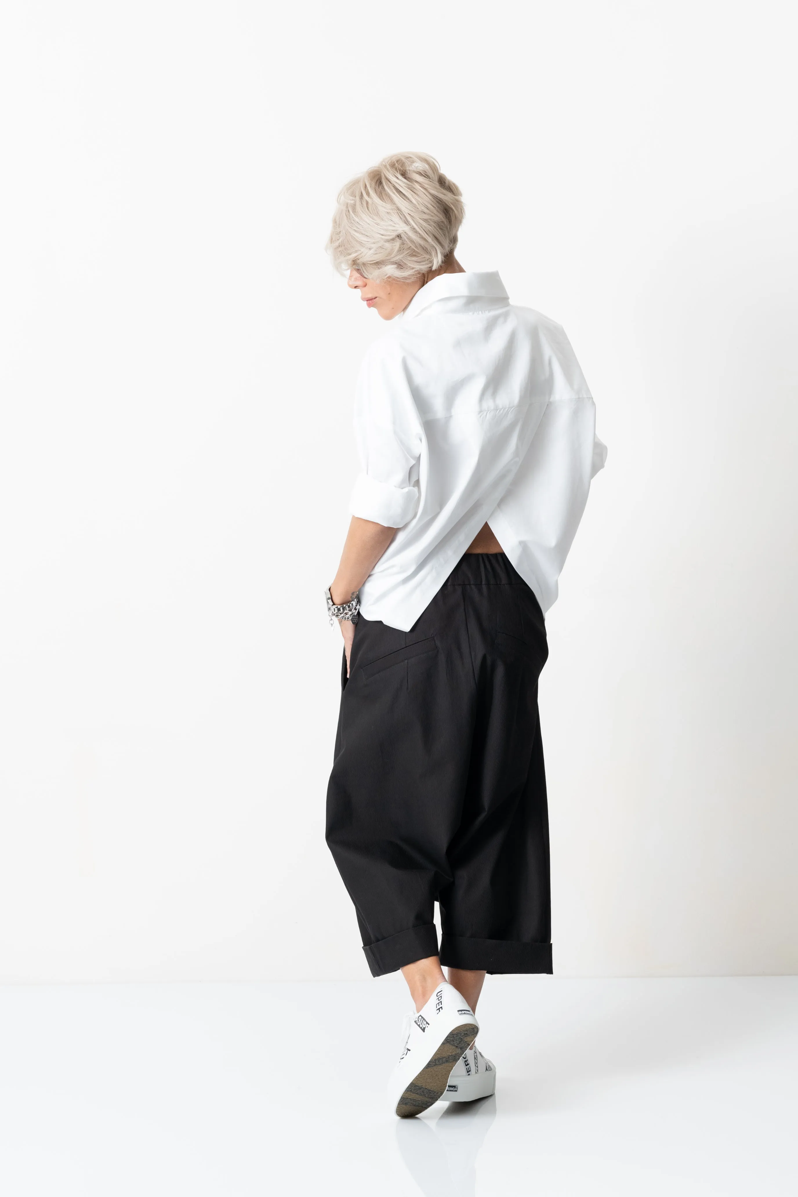 Black Drop Crotch Trousers with Pockets