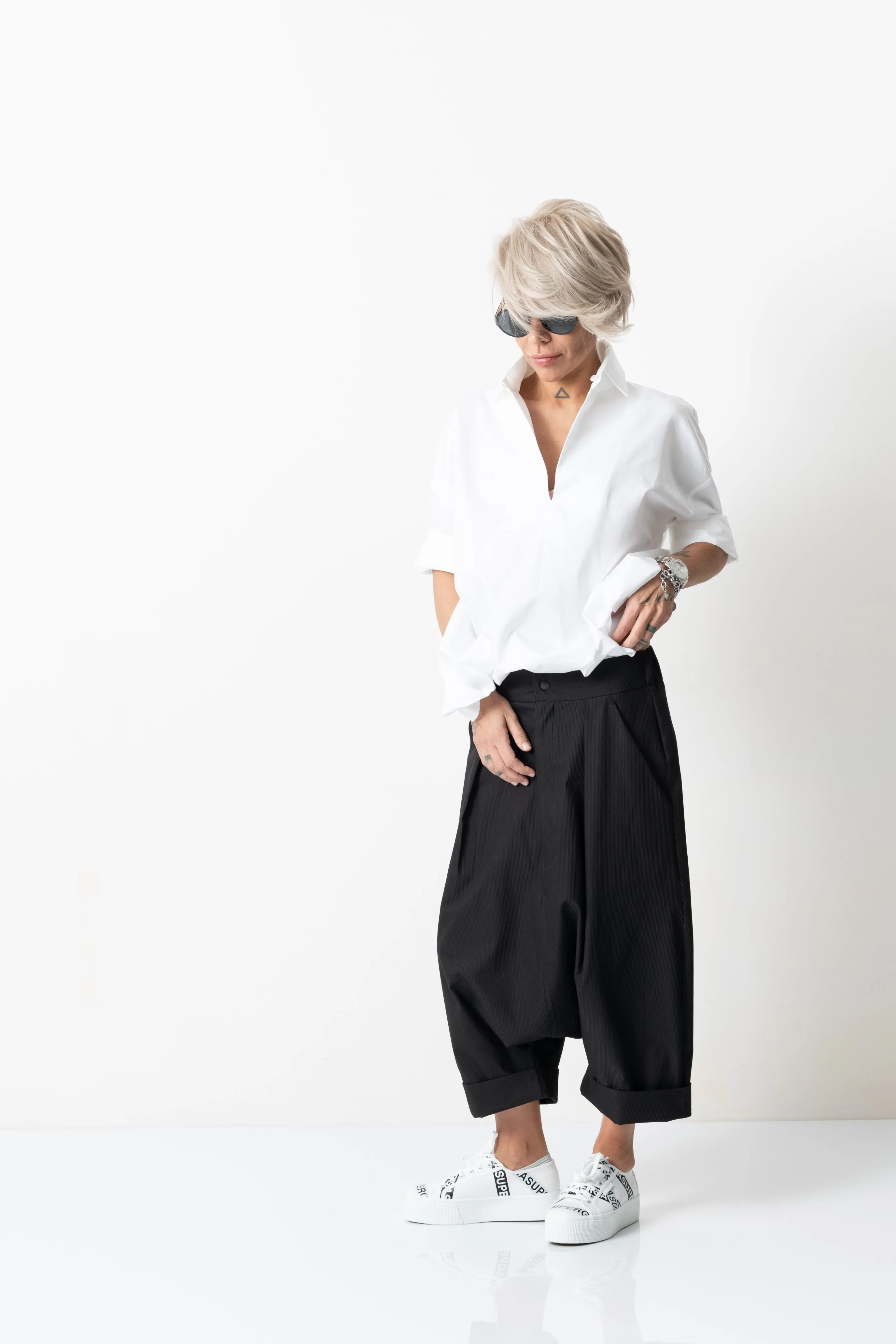 Black Drop Crotch Trousers with Pockets