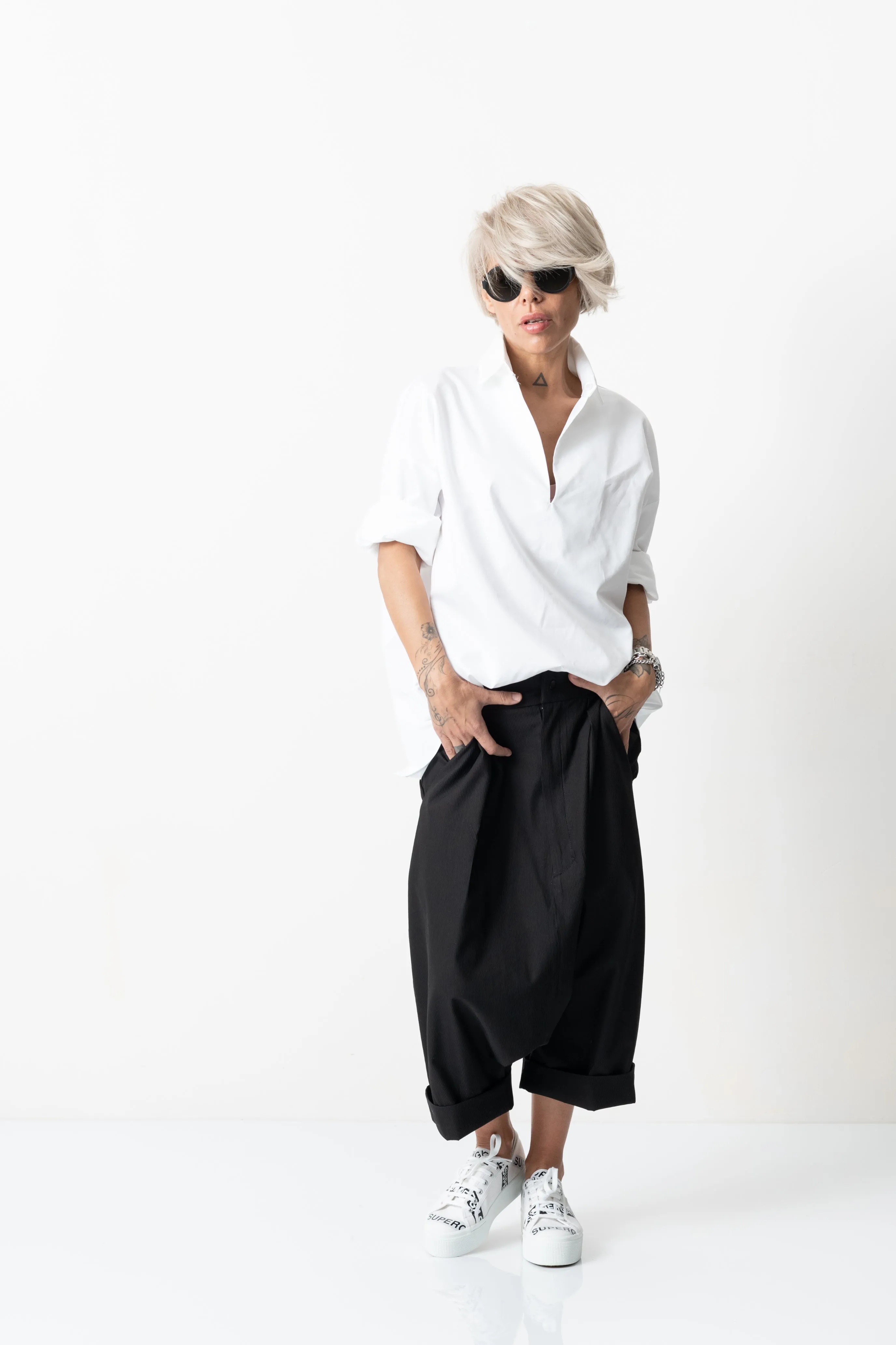 Black Drop Crotch Trousers with Pockets