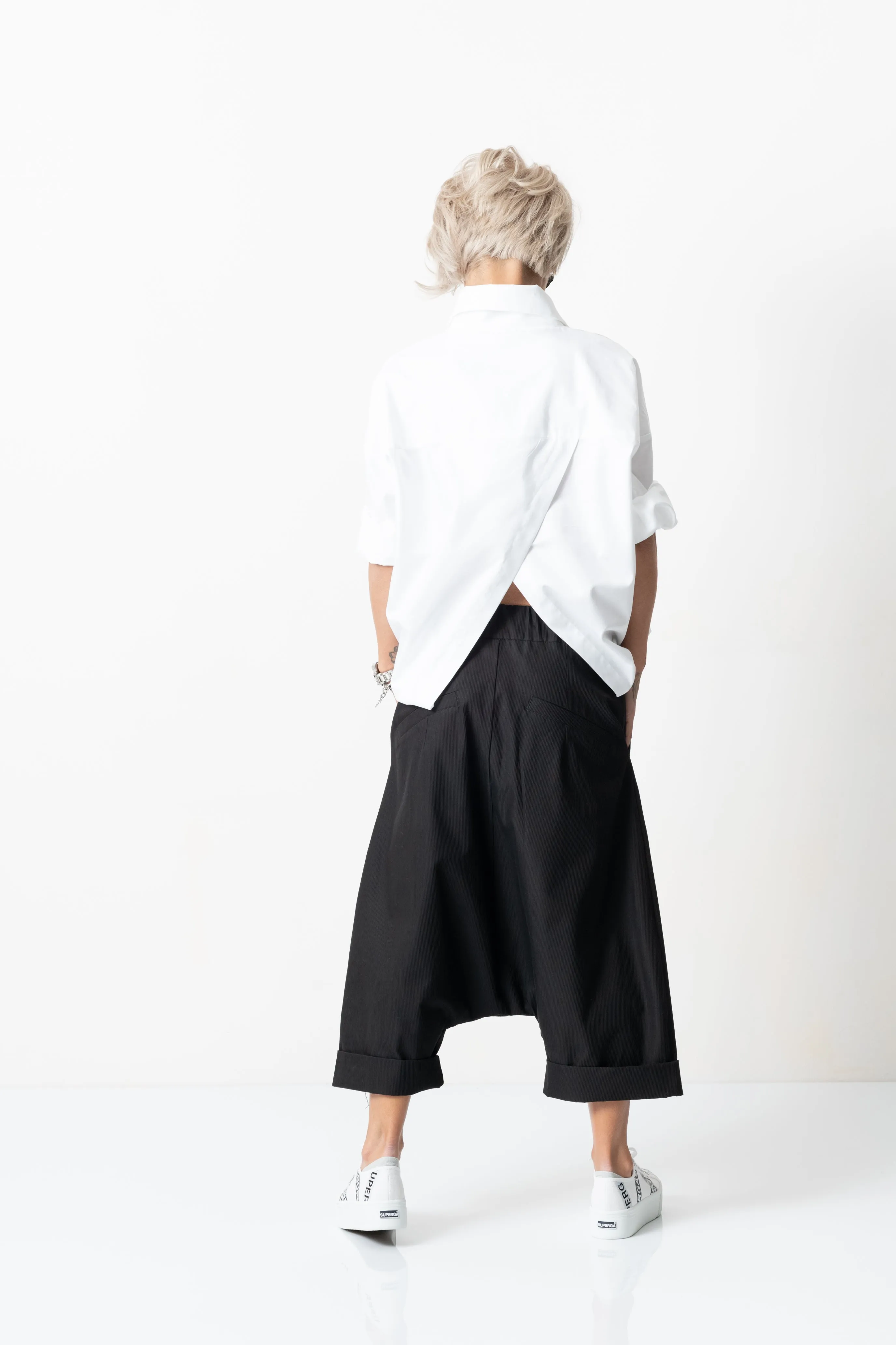 Black Drop Crotch Trousers with Pockets