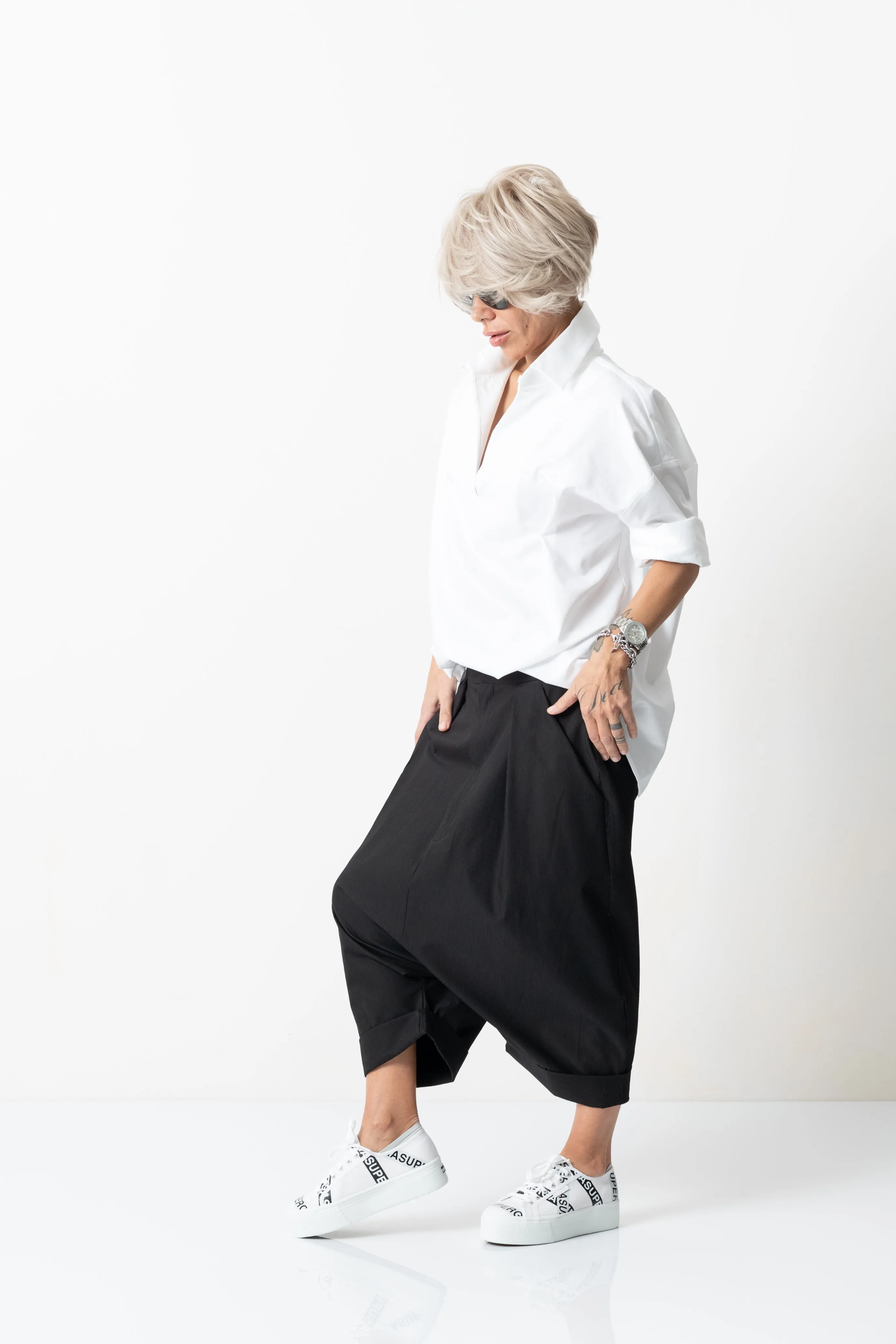 Black Drop Crotch Trousers with Pockets
