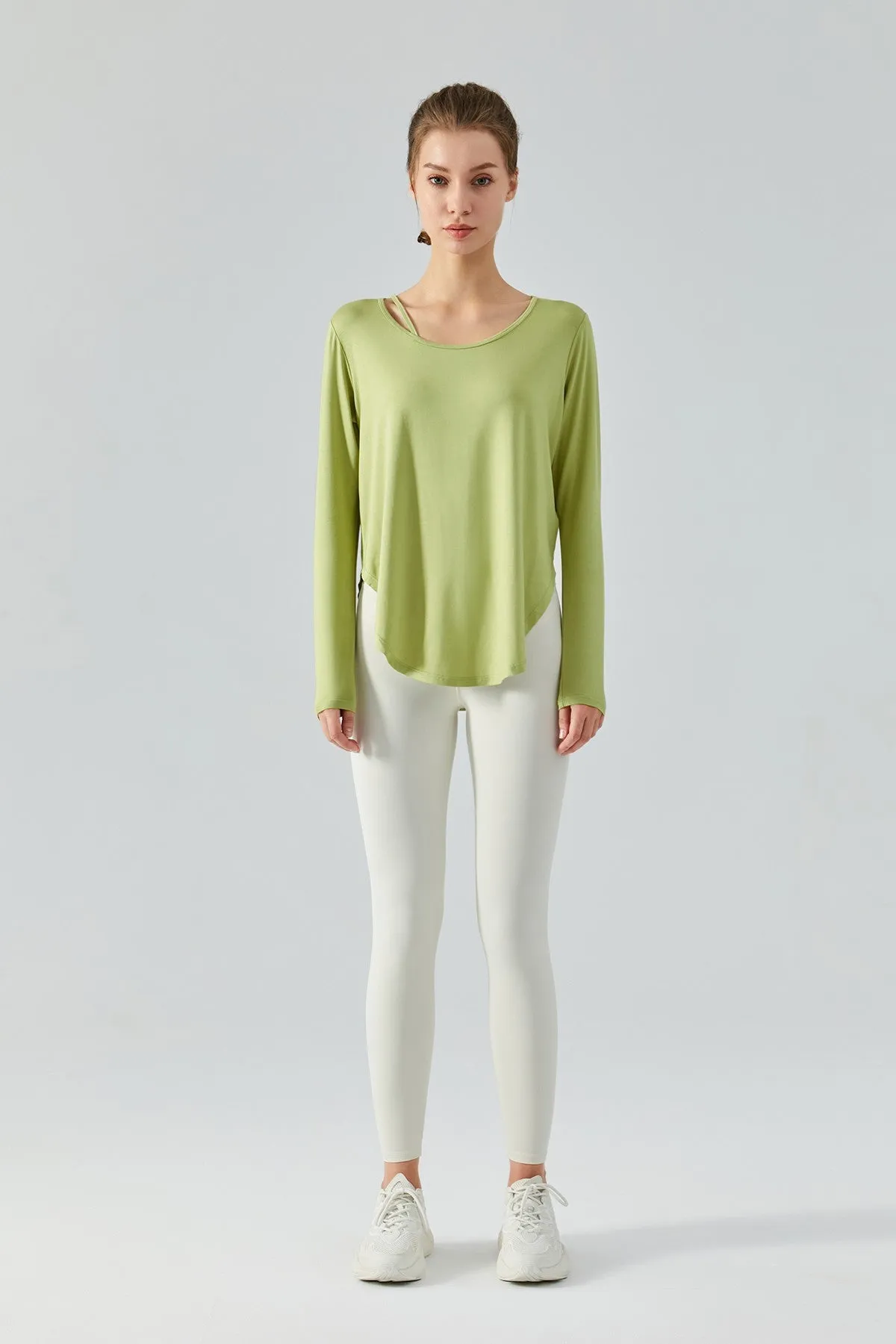 Chic Crew Neck Long Sleeve Curved Hem Tops