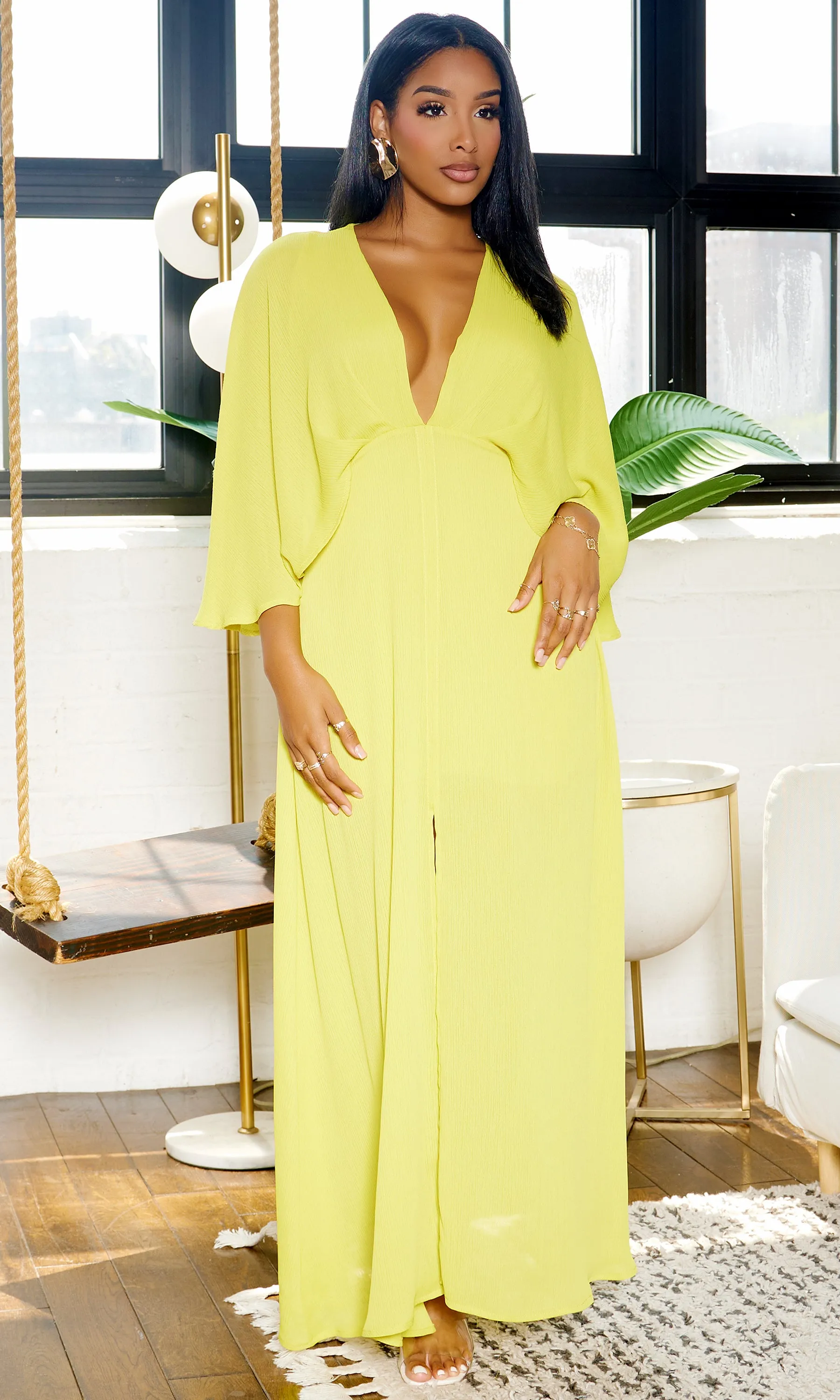 Classy Elegance | Cape Maxi Dress - Chartreuse Final Sale