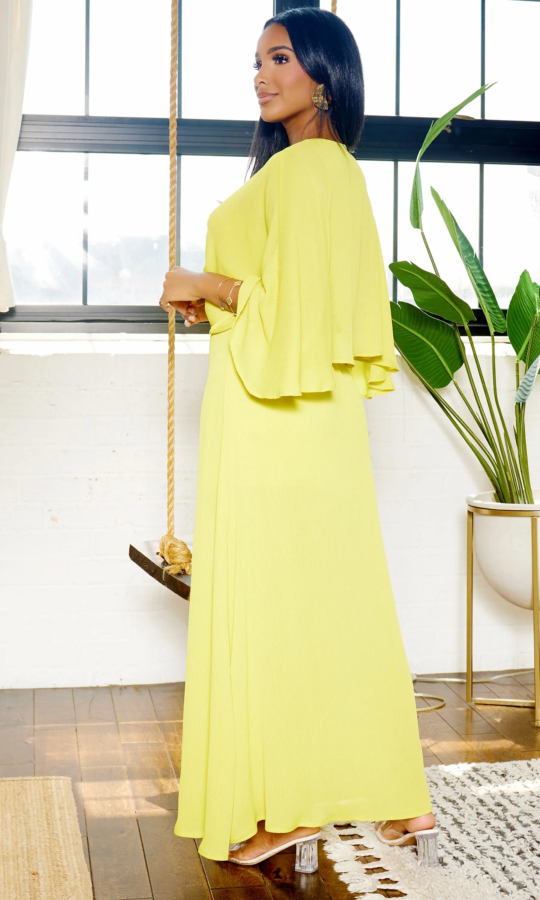 Classy Elegance | Cape Maxi Dress - Chartreuse Final Sale