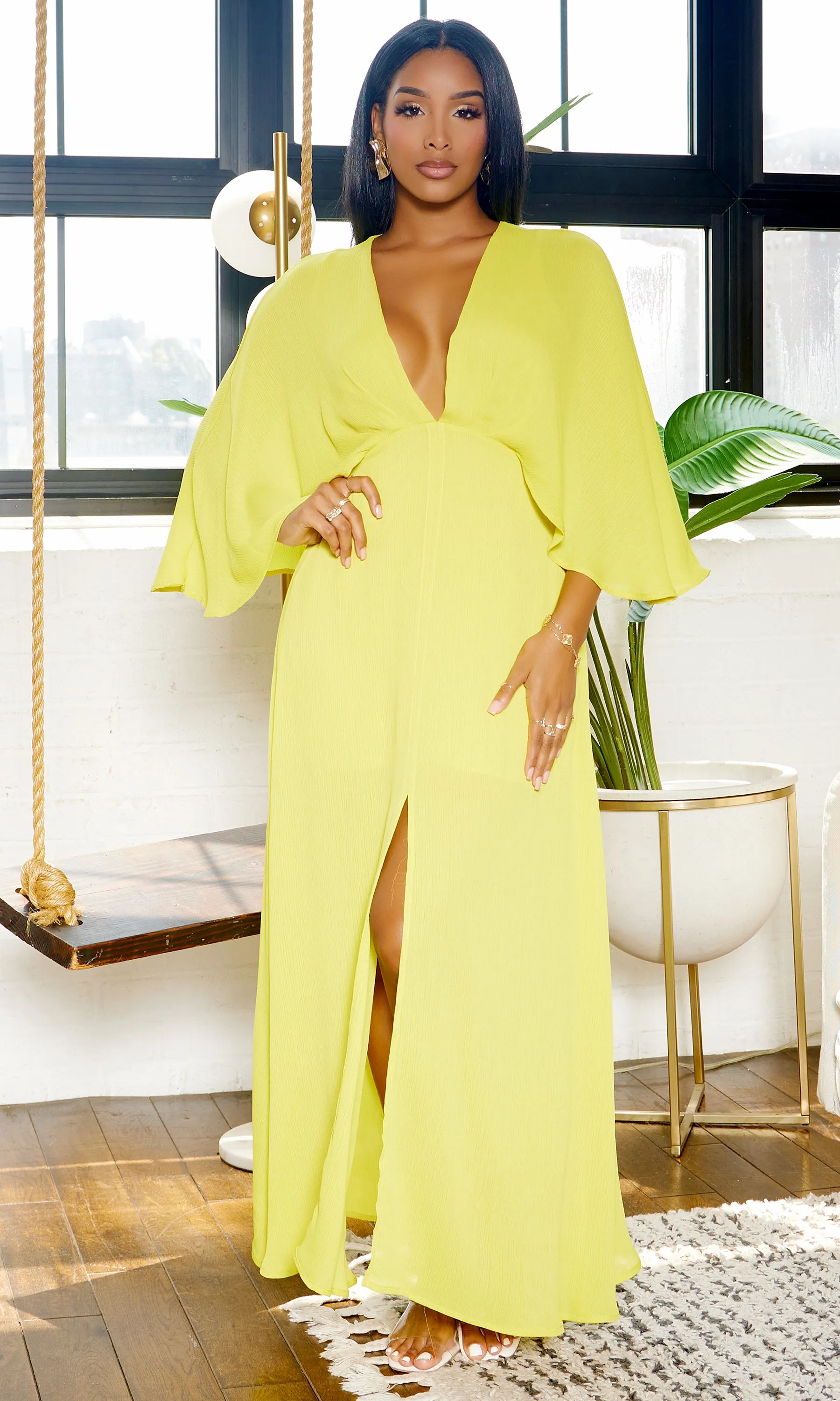 Classy Elegance | Cape Maxi Dress - Chartreuse Final Sale