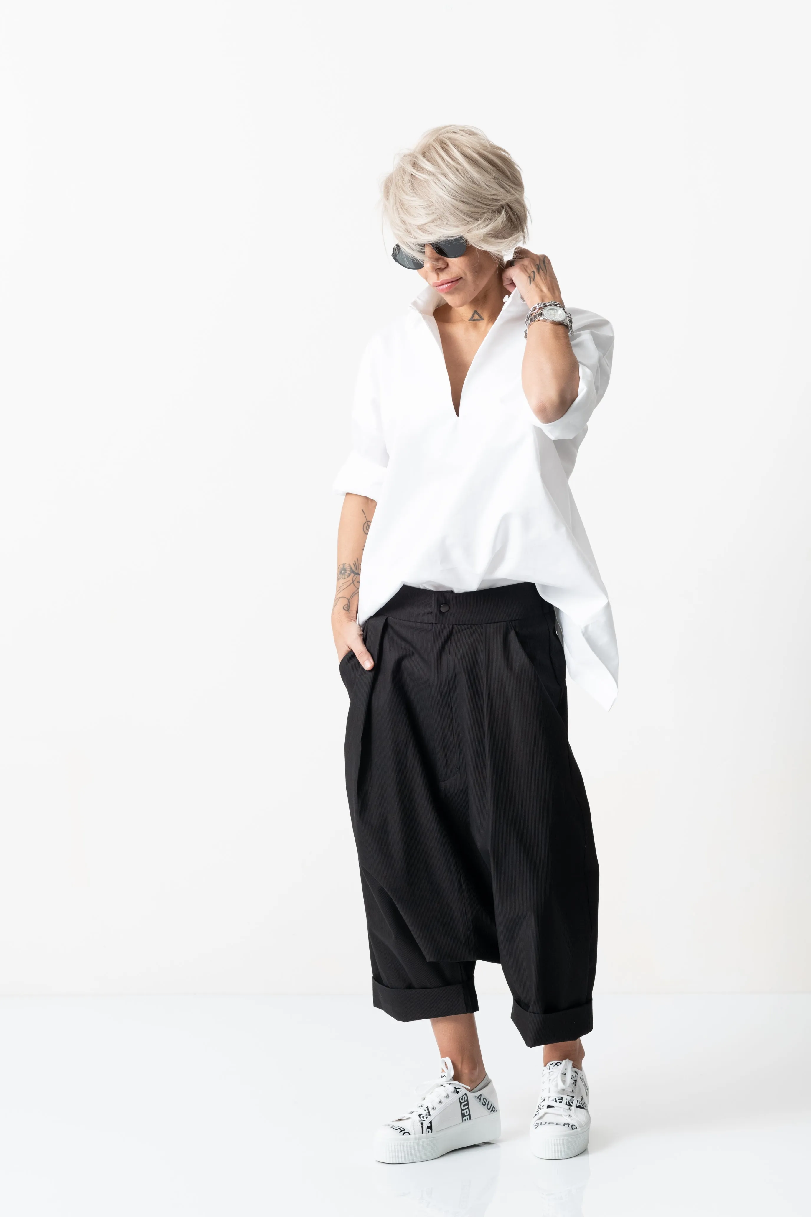 Drop Crotch Trousers   White Shirt Outfit Set
