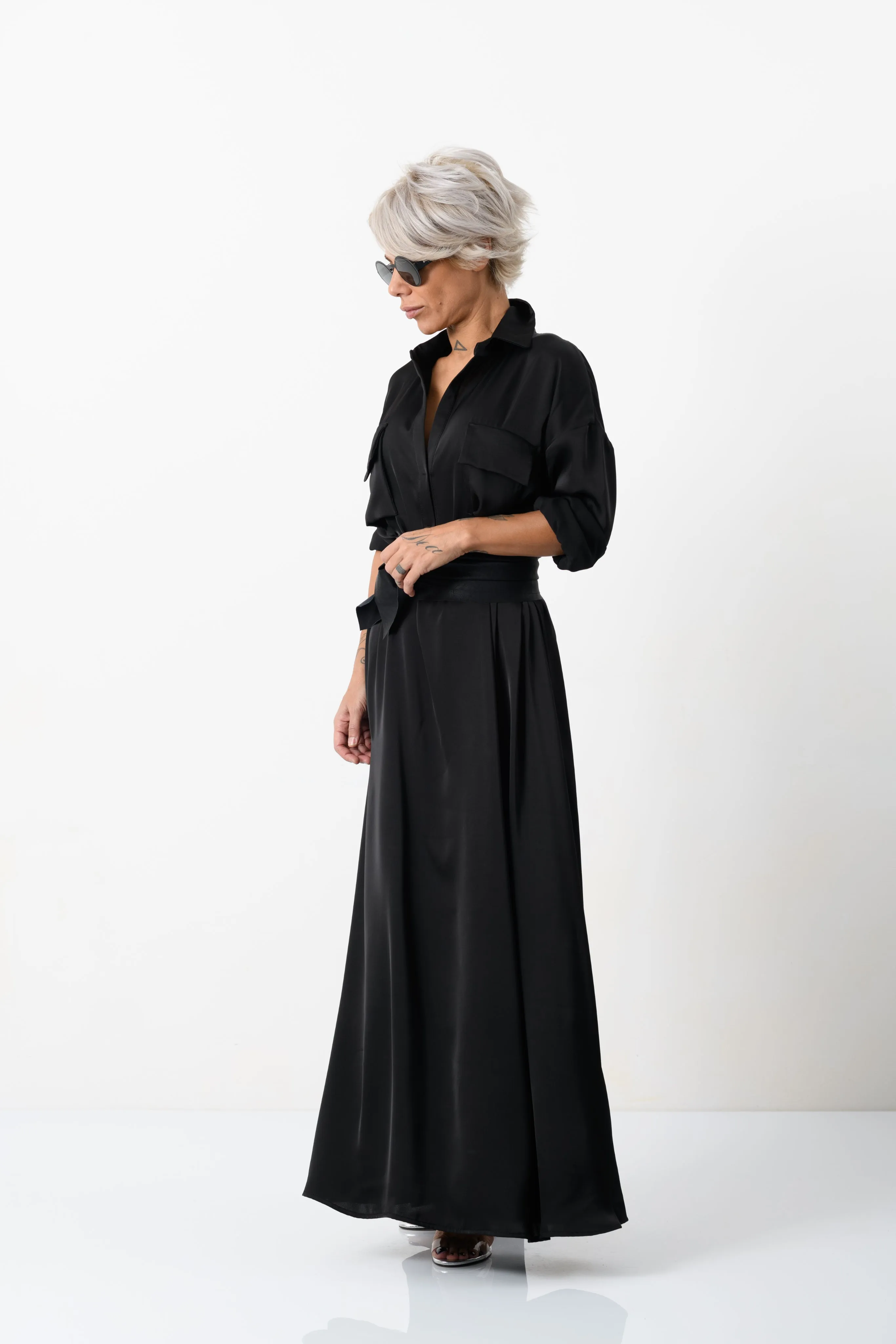 Elegant Maxi Black Shirt Dress with Vegan Leather Belt