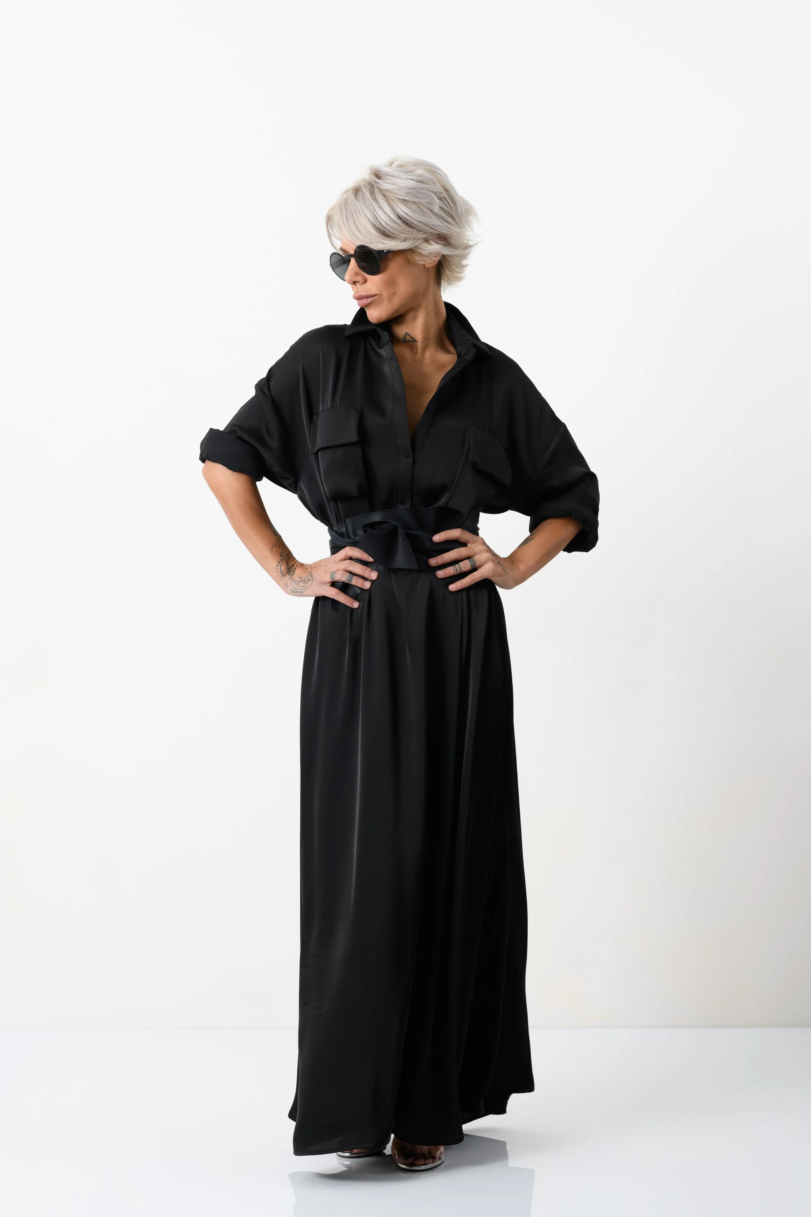 Elegant Maxi Black Shirt Dress with Vegan Leather Belt