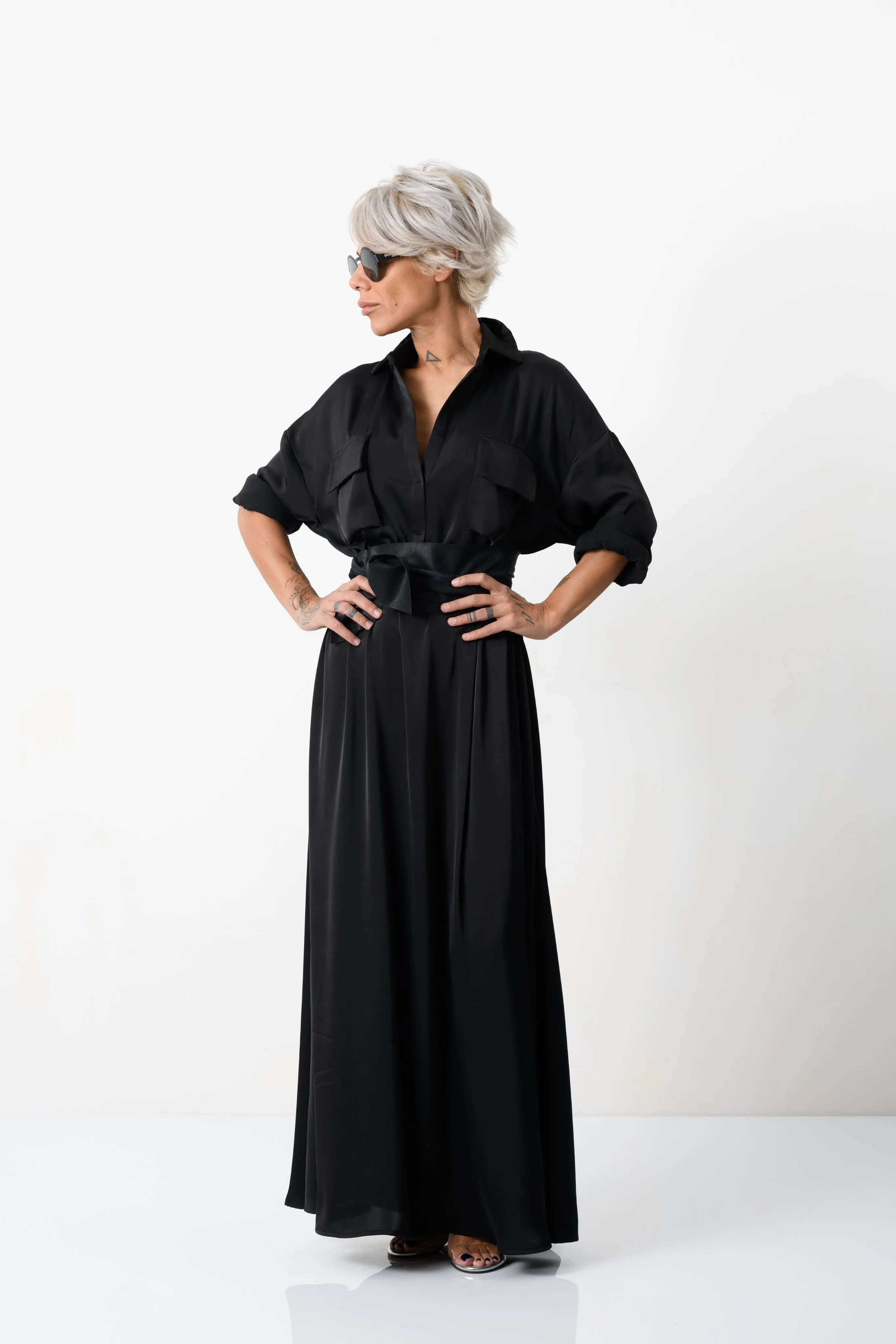 Elegant Maxi Black Shirt Dress with Vegan Leather Belt
