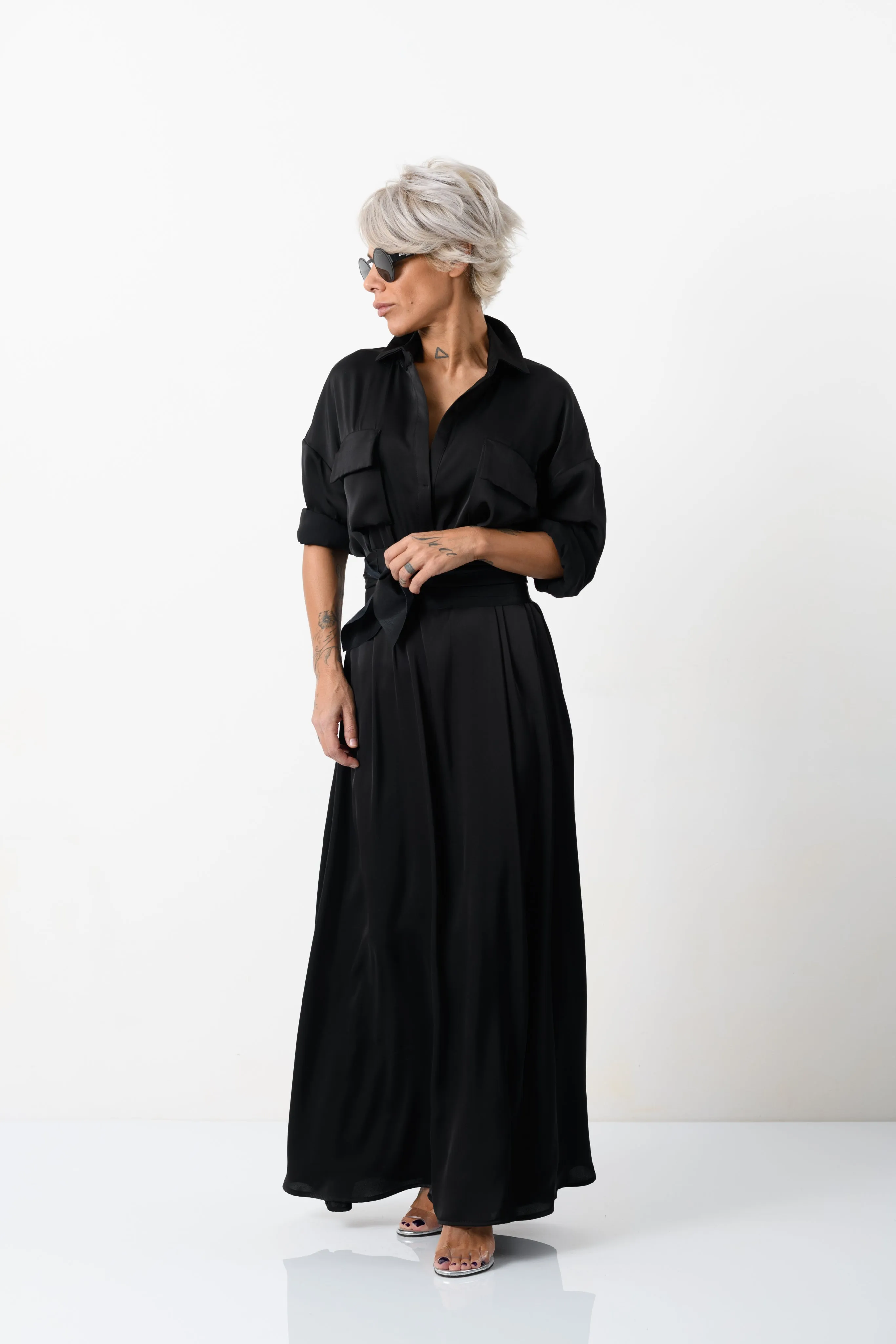 Elegant Maxi Black Shirt Dress with Vegan Leather Belt