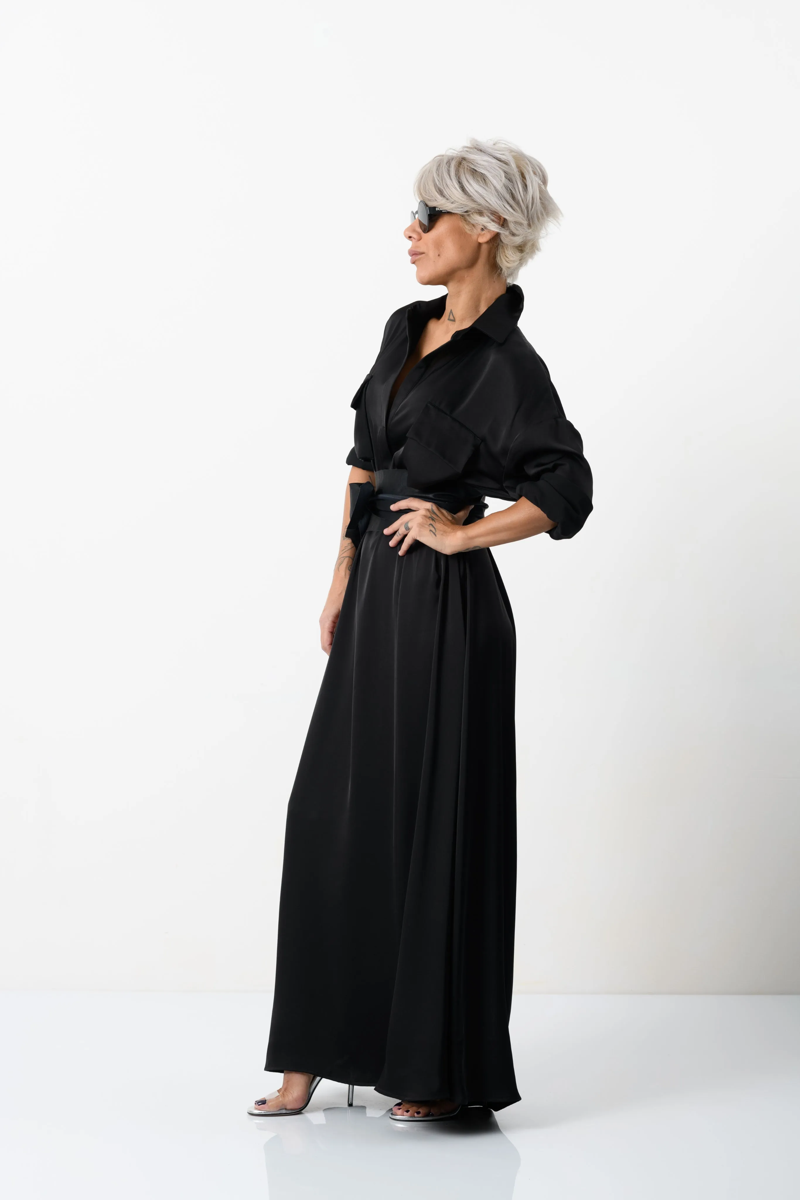 Elegant Maxi Black Shirt Dress with Vegan Leather Belt