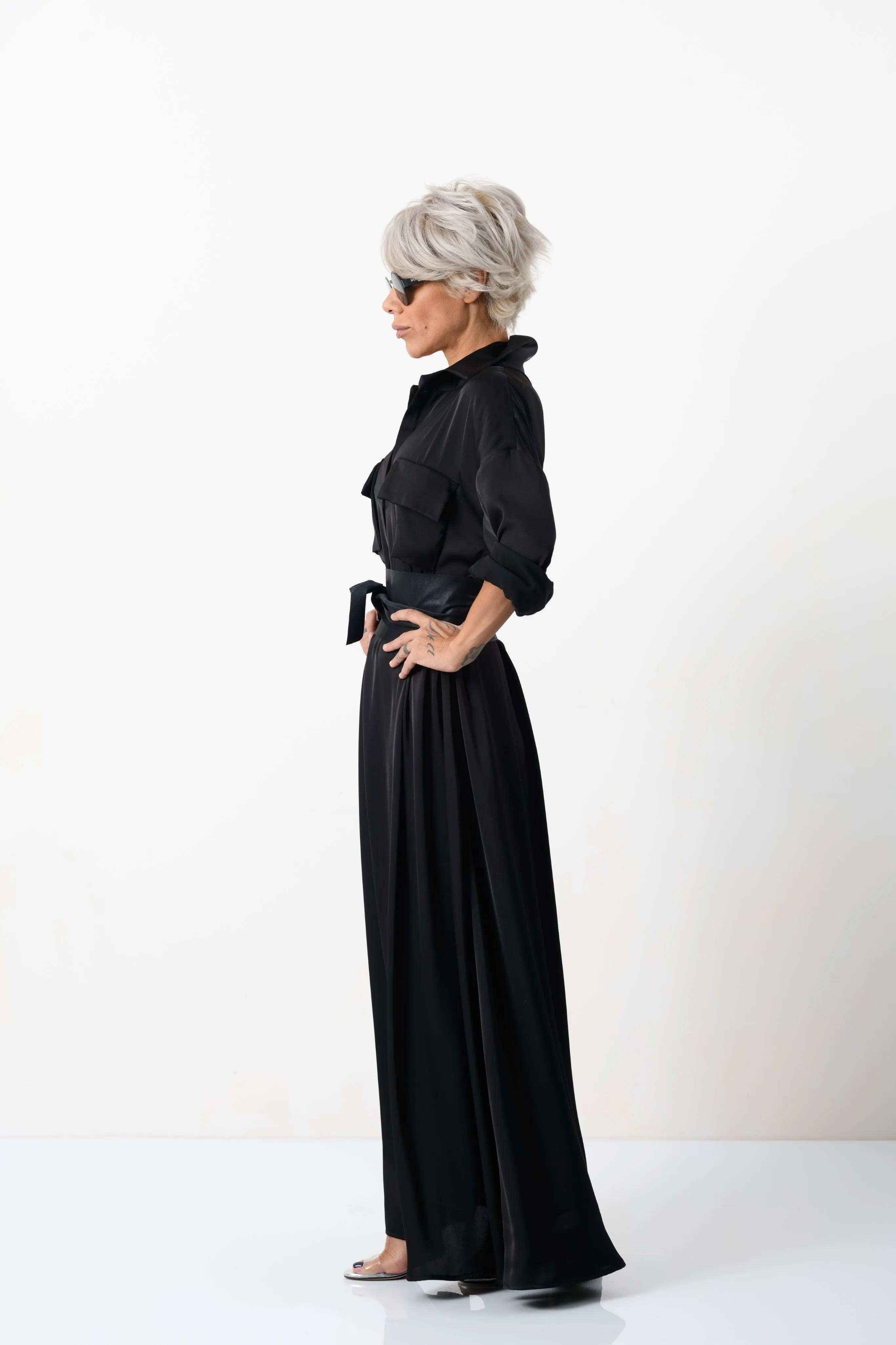 Elegant Maxi Black Shirt Dress with Vegan Leather Belt