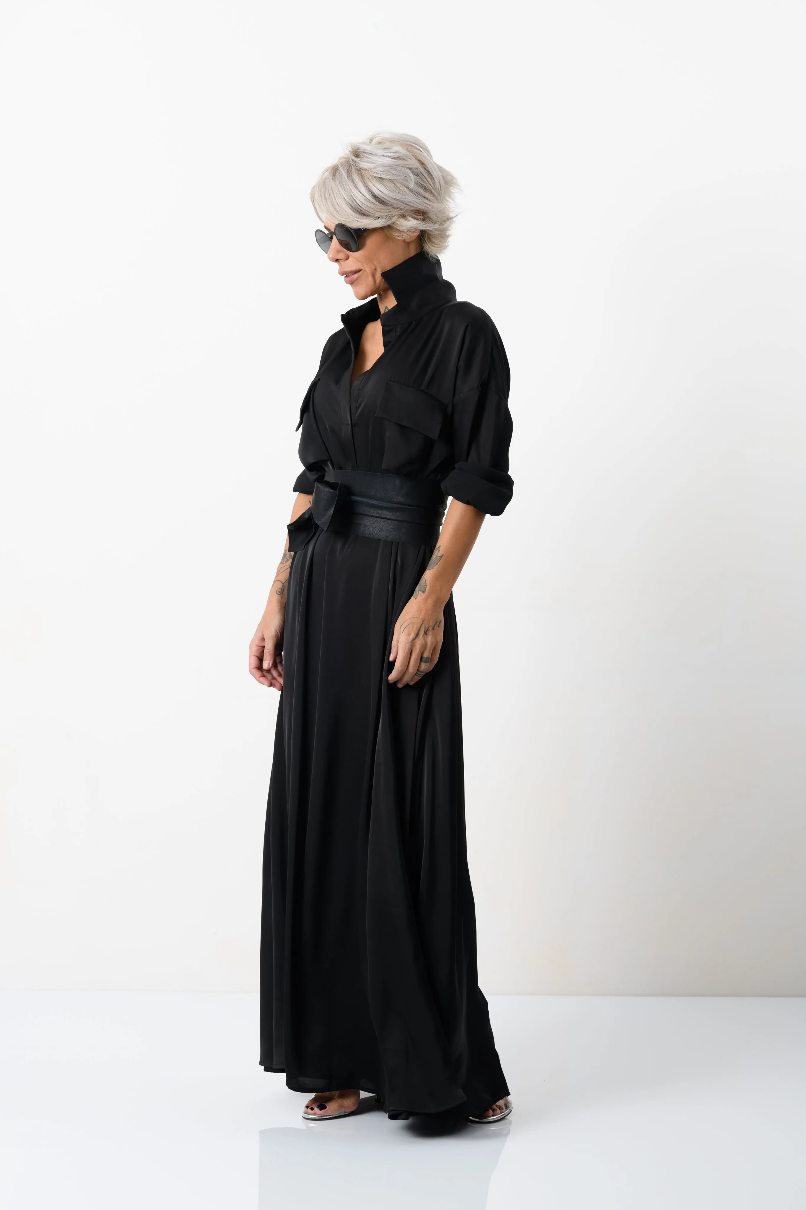 Elegant Maxi Black Shirt Dress with Vegan Leather Belt