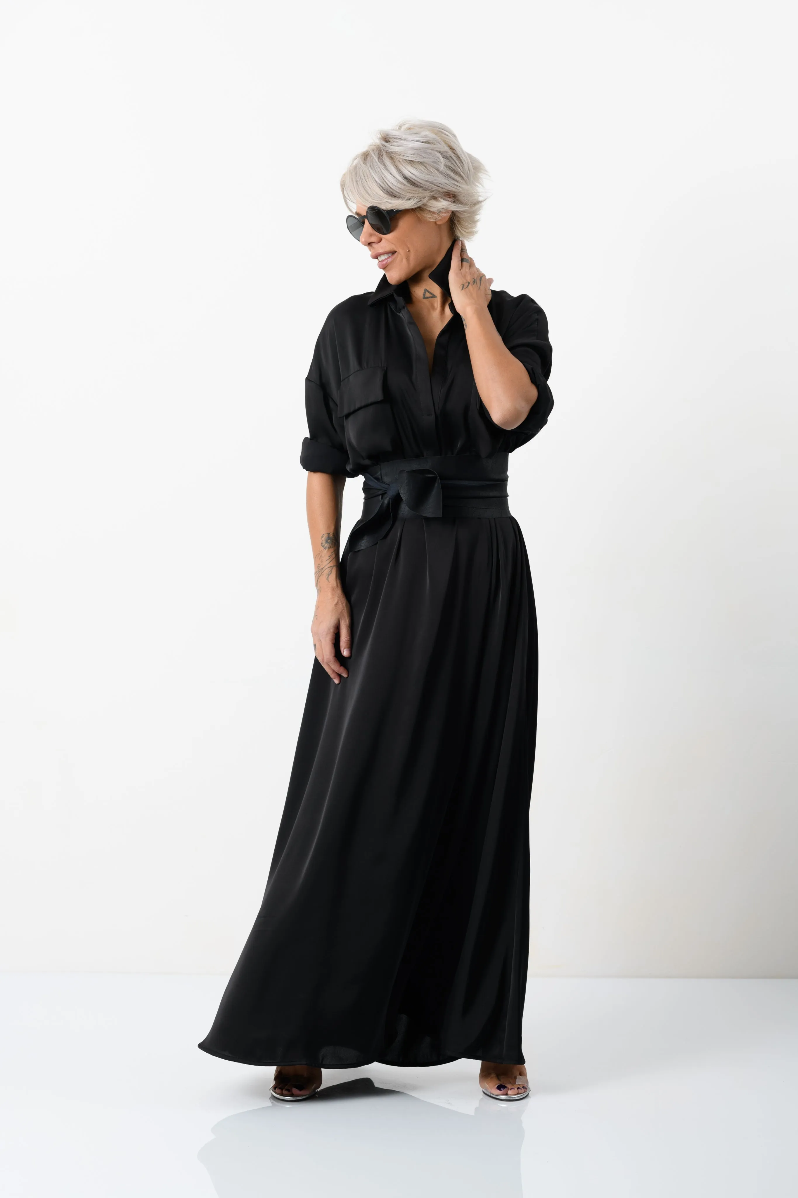 Elegant Maxi Black Shirt Dress with Vegan Leather Belt