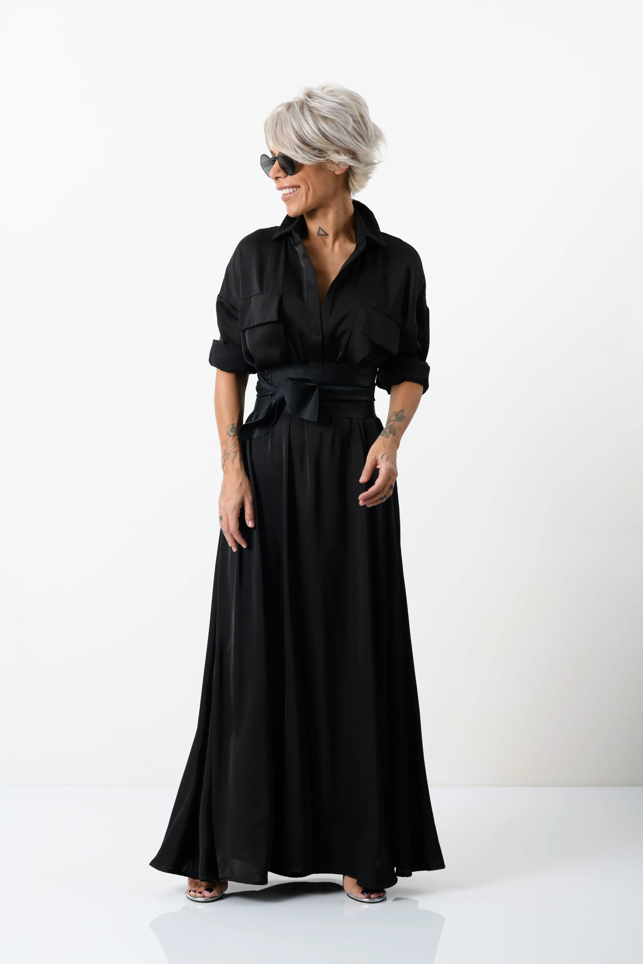 Elegant Maxi Black Shirt Dress with Vegan Leather Belt