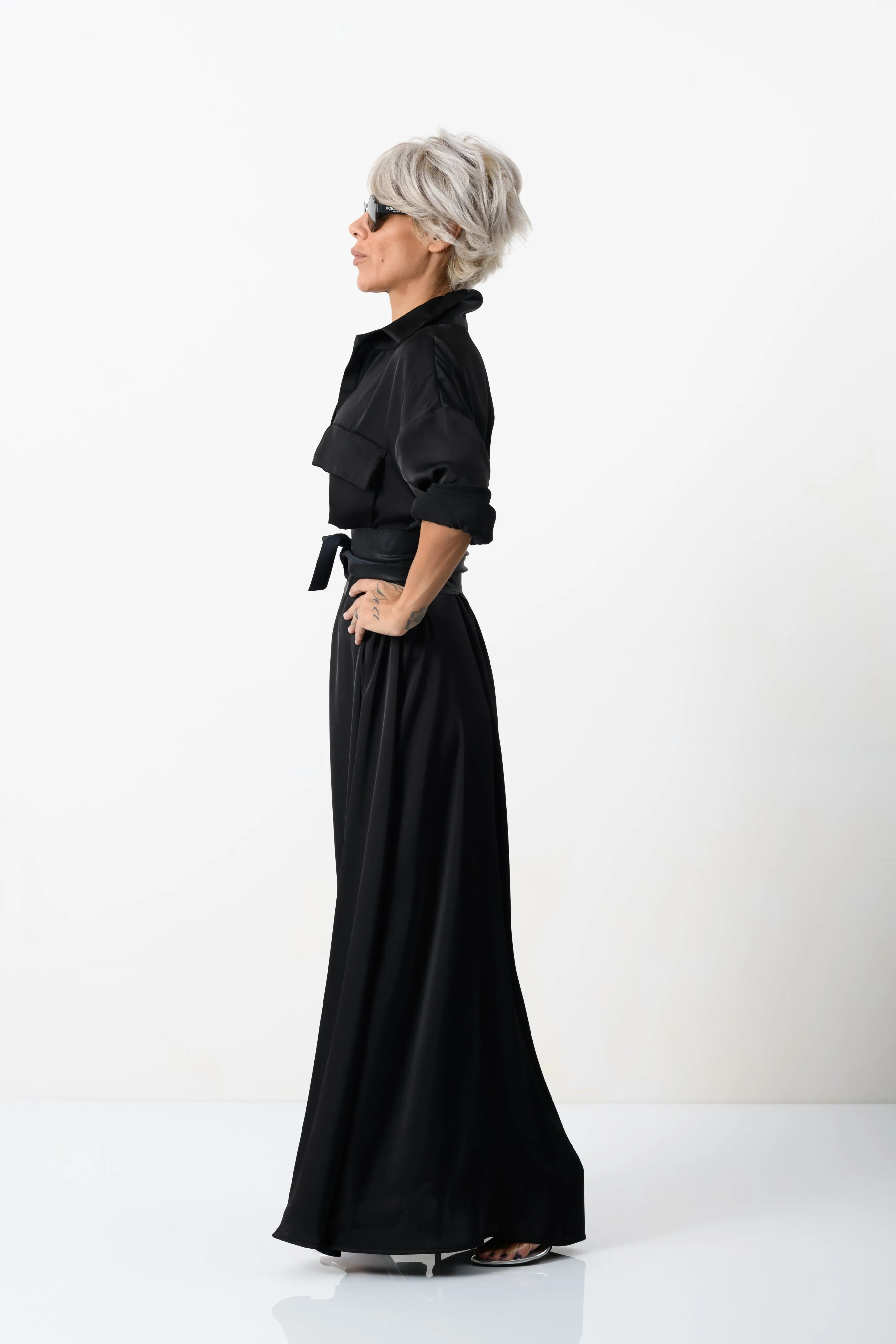 Elegant Maxi Black Shirt Dress with Vegan Leather Belt