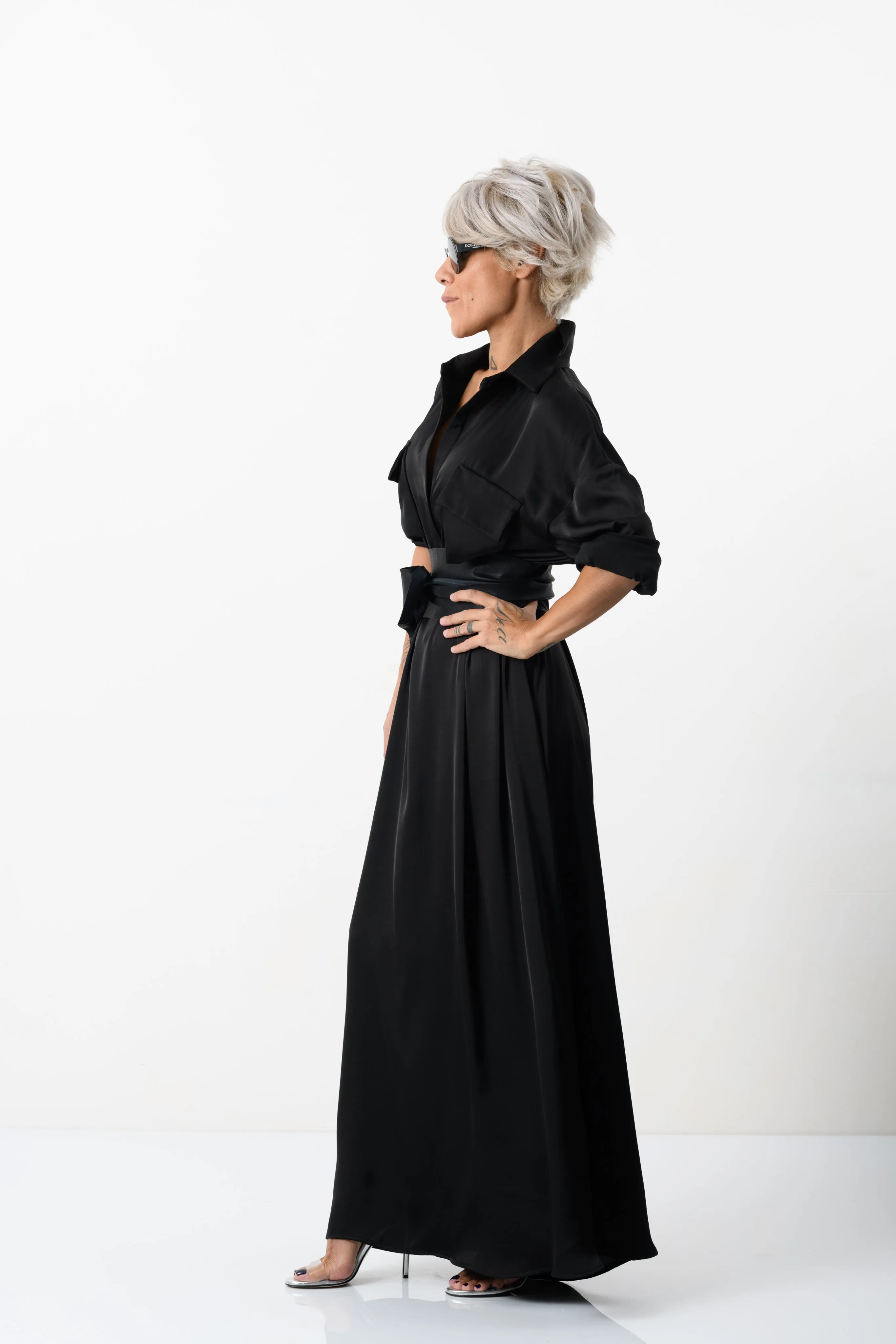 Elegant Maxi Black Shirt Dress with Vegan Leather Belt