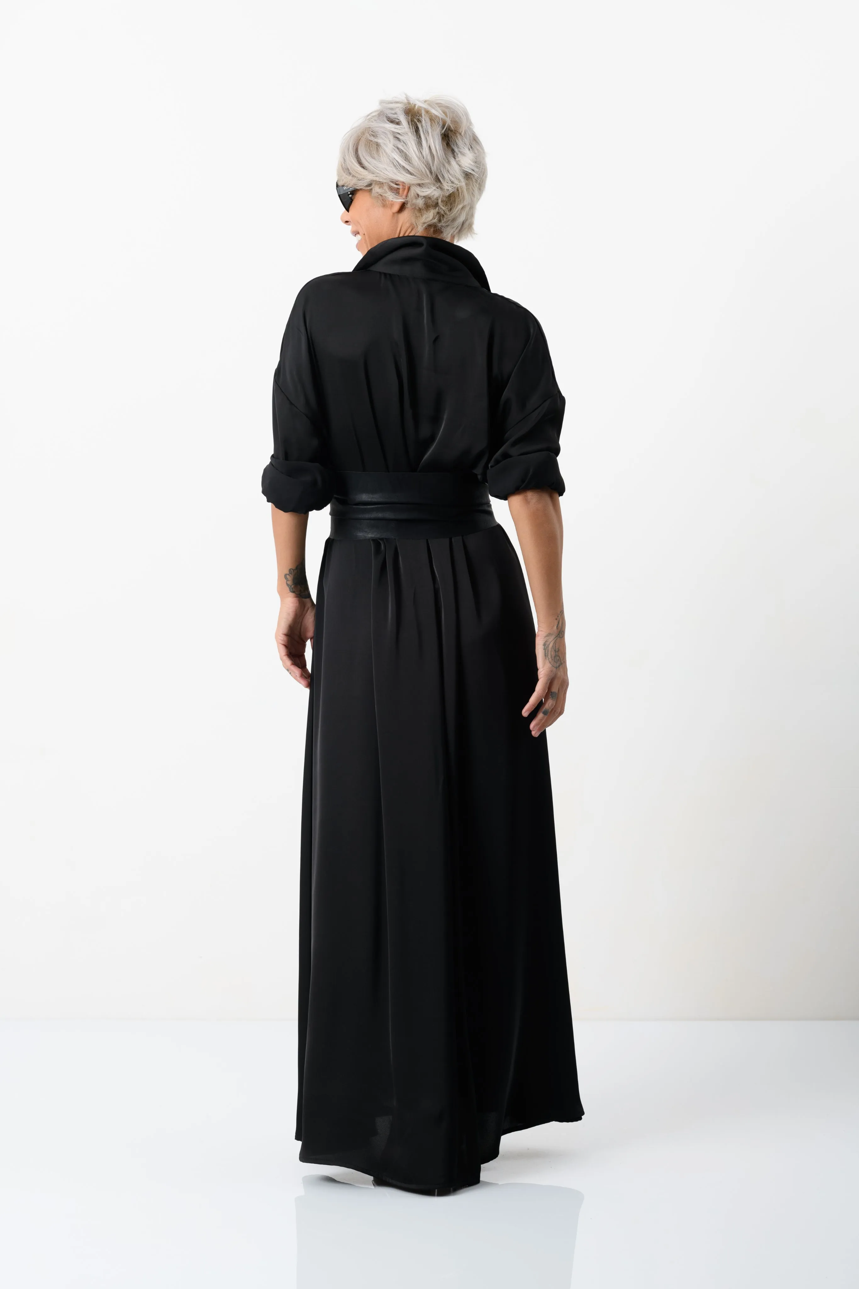 Elegant Maxi Black Shirt Dress with Vegan Leather Belt