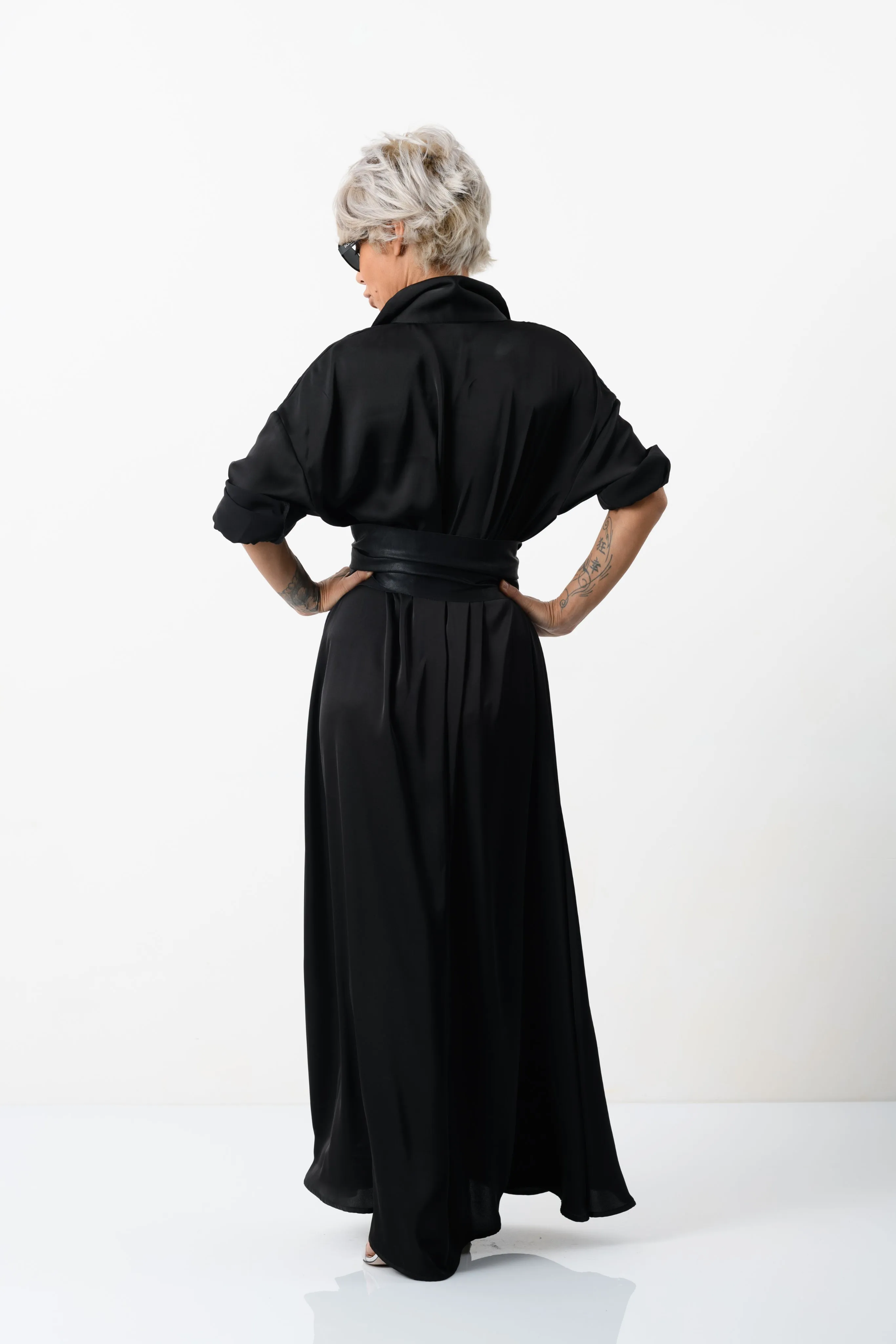 Elegant Maxi Black Shirt Dress with Vegan Leather Belt