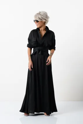 Elegant Maxi Black Shirt Dress with Vegan Leather Belt
