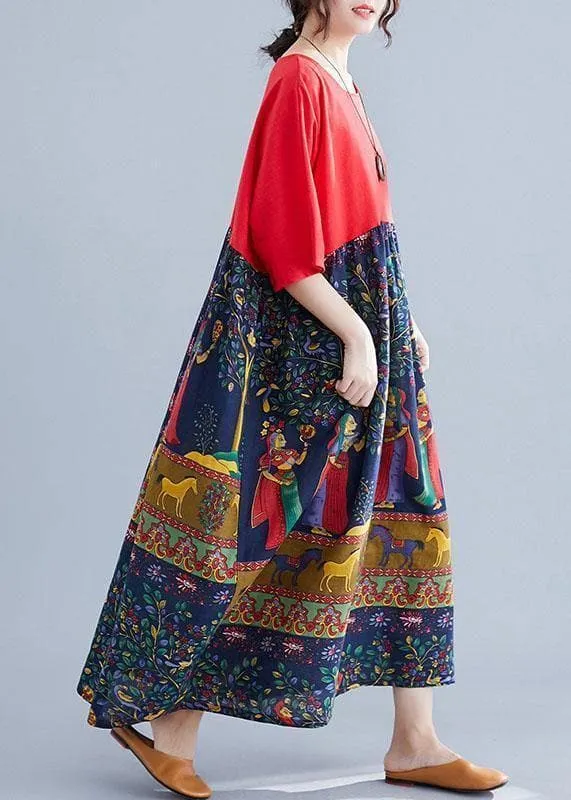 Elegant red patchwork print cotton clothes o neck Robe summer Dresses