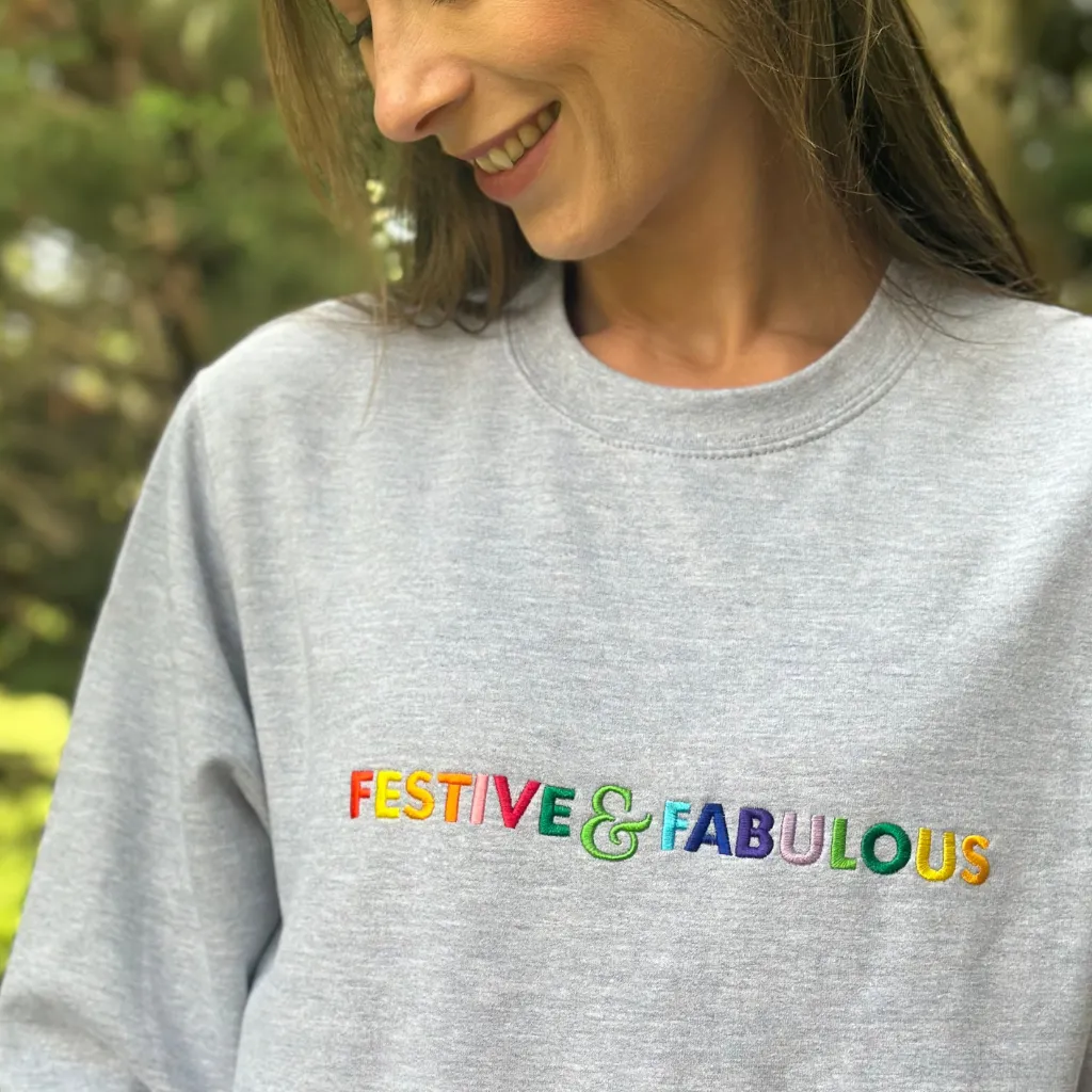 Festive & Fabulous Rainbow Embroidered Christmas Sweatshirt in Grey