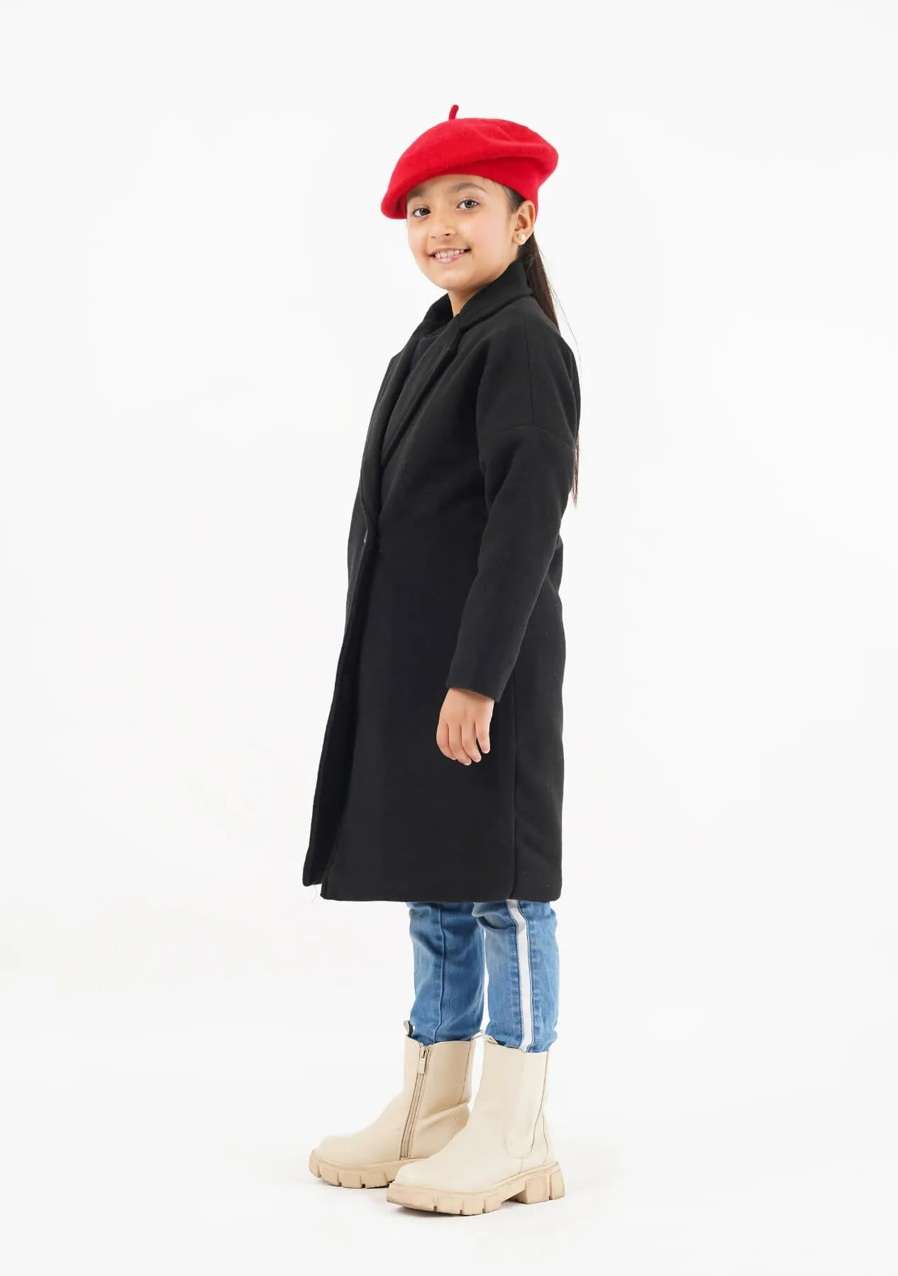 Girls Oversized Belted Wool Coat - Black