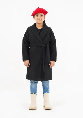 Girls Oversized Belted Wool Coat - Black