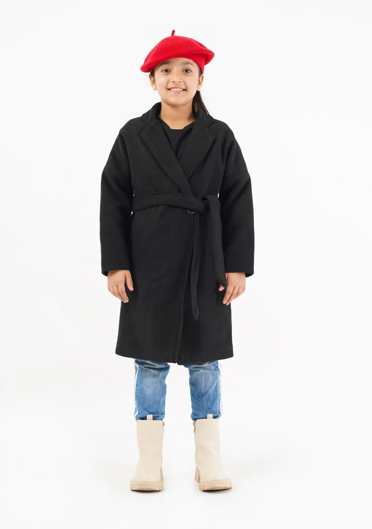 Girls Oversized Belted Wool Coat - Black