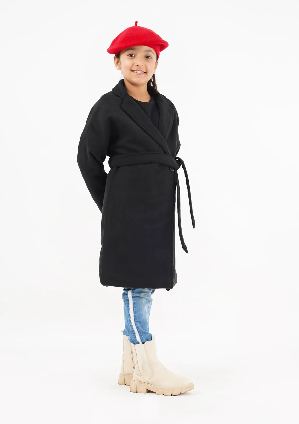 Girls Oversized Belted Wool Coat - Black