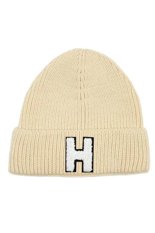Letter H Chenille Patch Ribbed Cuff Beanie Hat