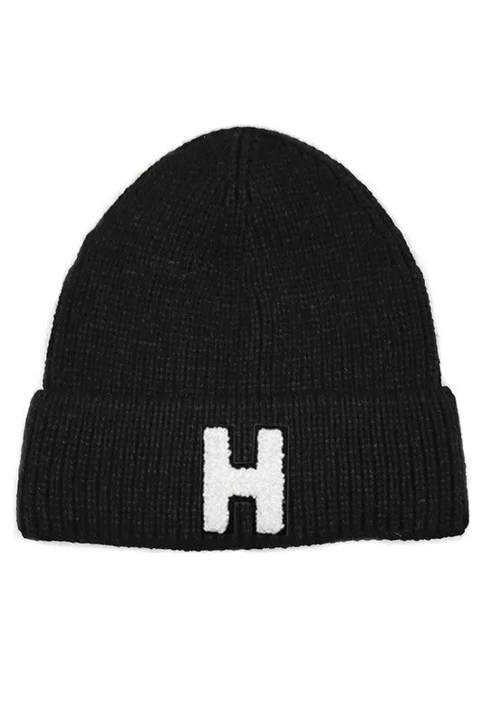 Letter H Chenille Patch Ribbed Cuff Beanie Hat
