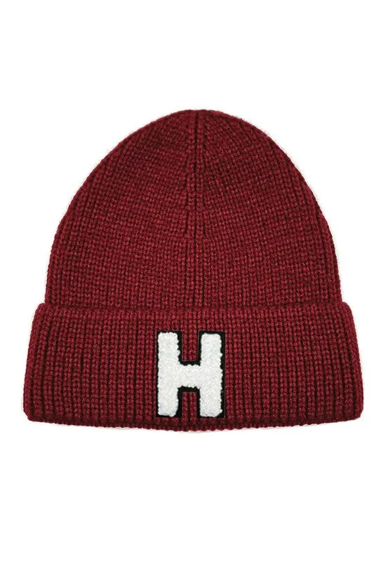 Letter H Chenille Patch Ribbed Cuff Beanie Hat