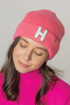 Letter H Chenille Patch Ribbed Cuff Beanie Hat