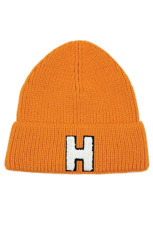 Letter H Chenille Patch Ribbed Cuff Beanie Hat
