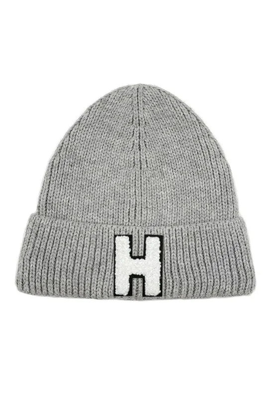 Letter H Chenille Patch Ribbed Cuff Beanie Hat