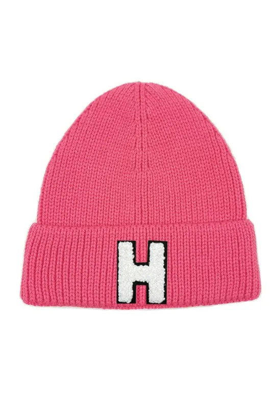 Letter H Chenille Patch Ribbed Cuff Beanie Hat