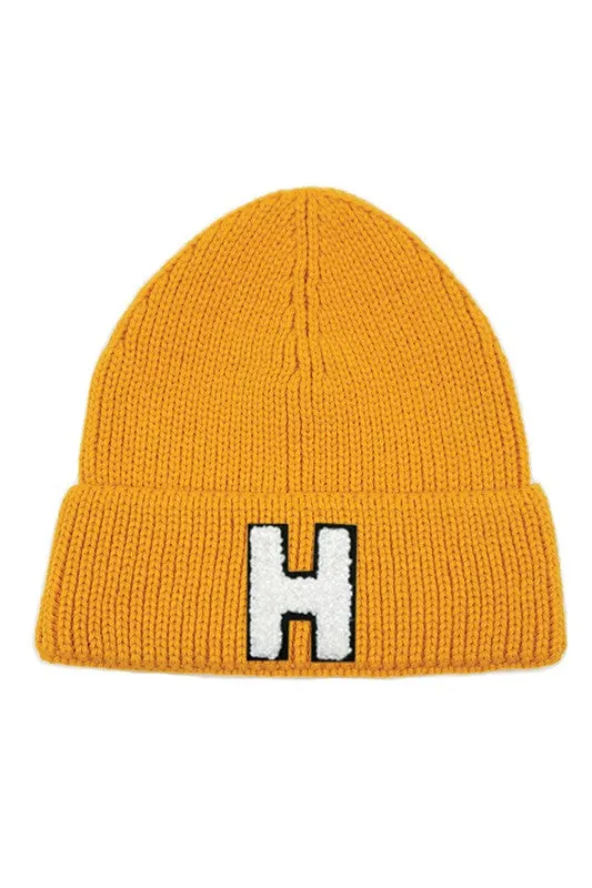 Letter H Chenille Patch Ribbed Cuff Beanie Hat