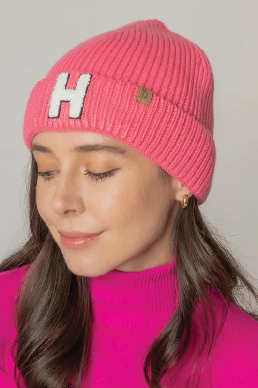 Letter H Chenille Patch Ribbed Cuff Beanie Hat