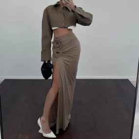 #PB Elegant Ruched Split Maxi Skirt