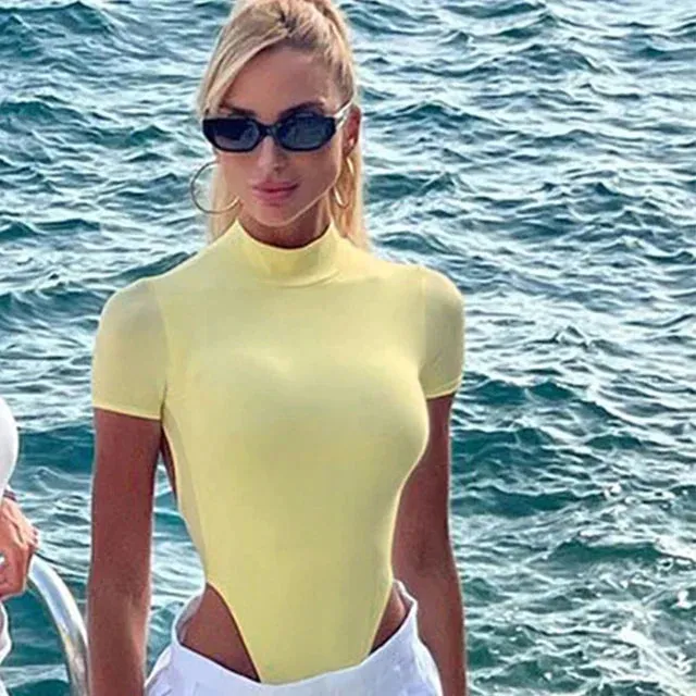 Short Sleeve Thong Backless Mesh Bodysuit